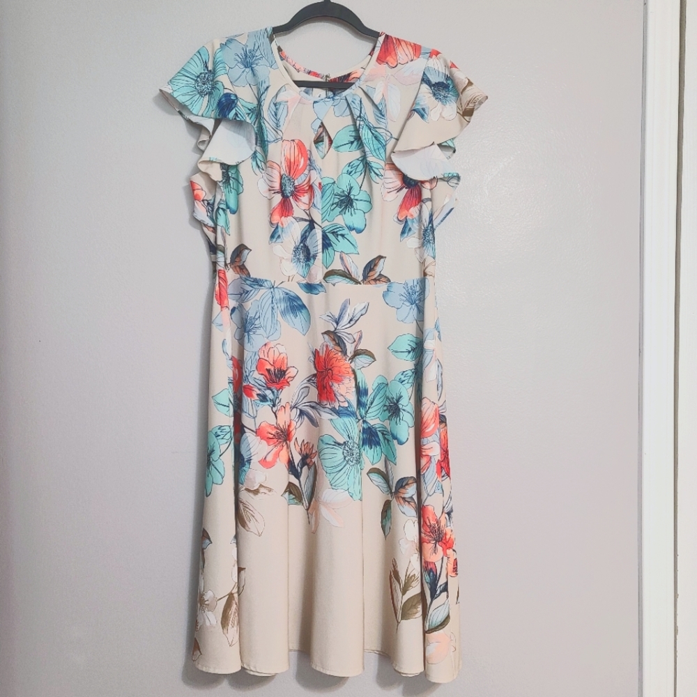 Watercolor Pastel Pink & Blue Floral A-line Dress Flutter Ruffle Short Sleeves